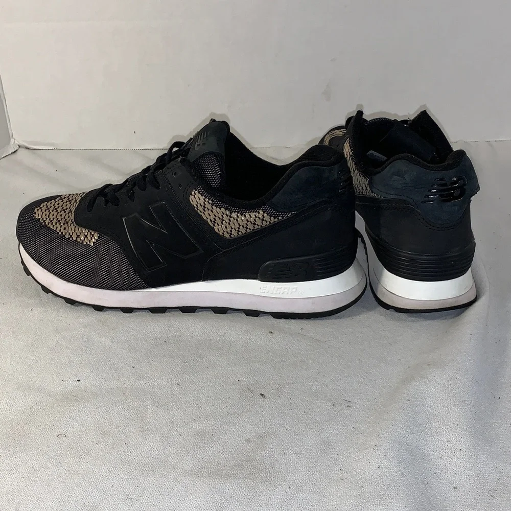 New Balance Women’s 574 Tech Raffia Black and Beige Knit Accent Sneakers